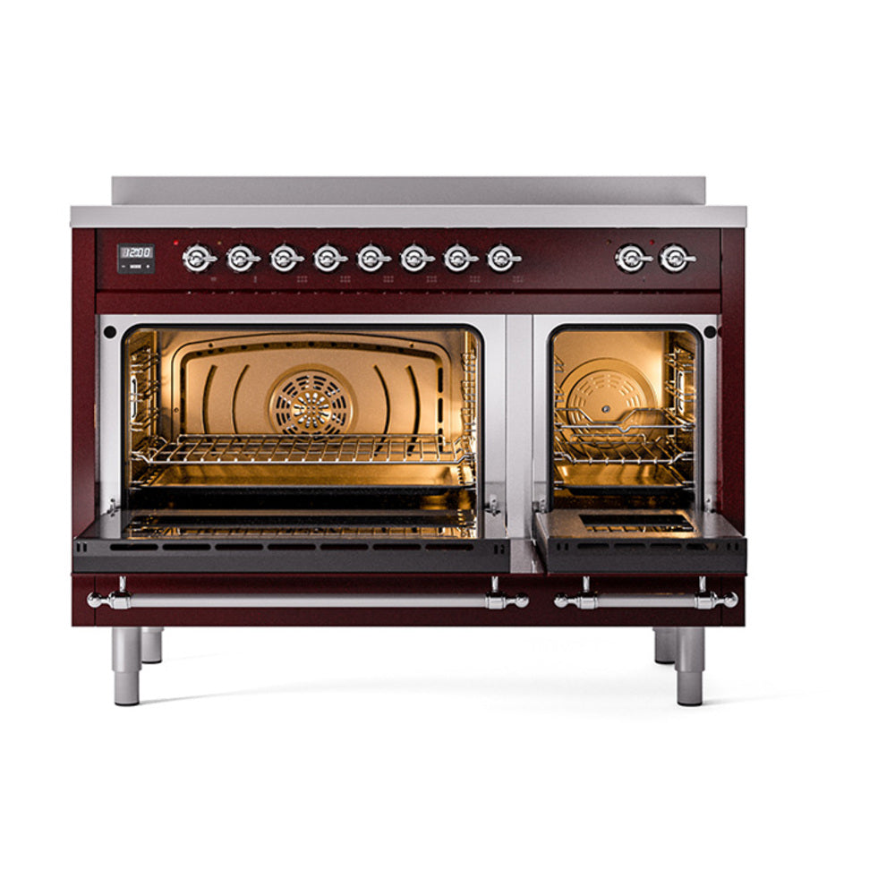 ILVE Nostalgie II 48-Inch Induction Range, Solid Door Oven, Burgundy with Chrome Trim (UPI486QNMPBUC)