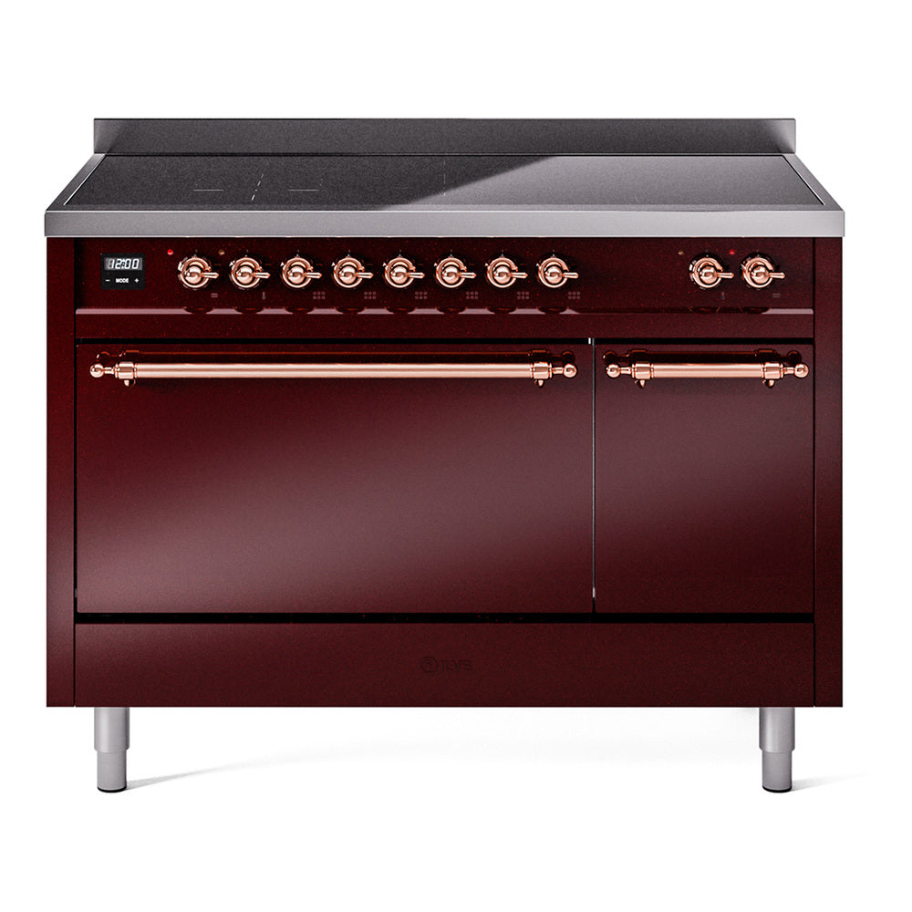 ILVE Nostalgie II 48-Inch Induction Range, Solid Door Oven, Burgundy with Copper Trim (UPI486QNMPBUP)