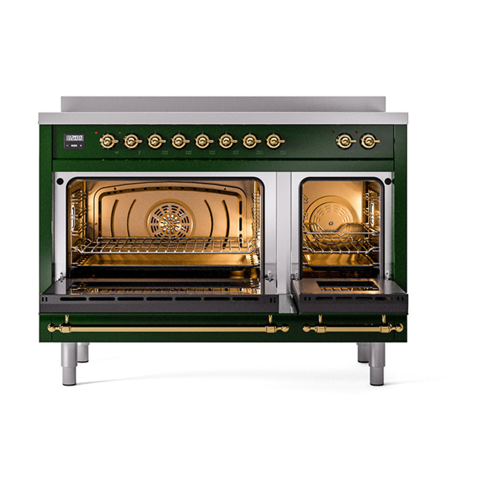 ILVE Nostalgie II 48-Inch Induction Range, Solid Door Oven, Emerald Green with Brass Trim (UPI486QNMPEGG)