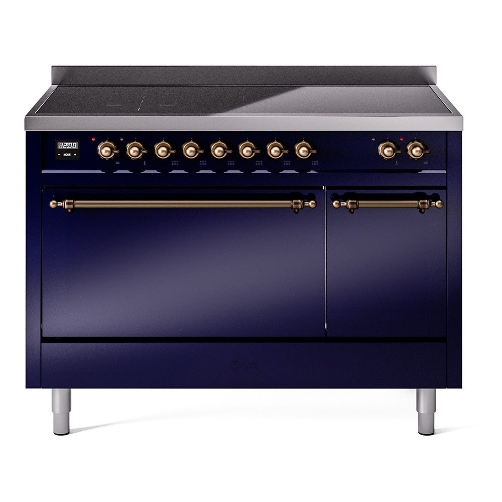 ILVE Nostalgie II 48-Inch Induction Range, Solid Door Oven, Midnight Blue with Burnished Bronze Trim (UPI486QNMPMBB)