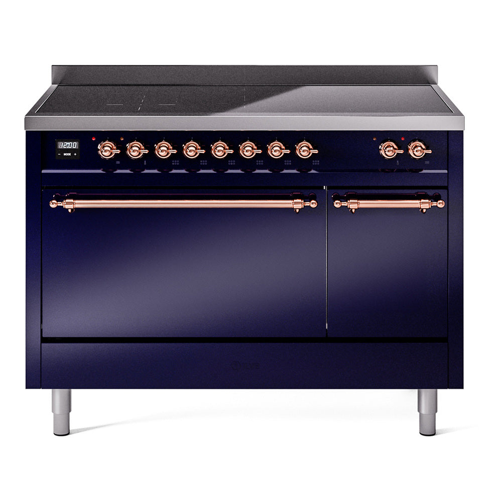 ILVE Nostalgie II 48-Inch Induction Range, Solid Door Oven, Midnight Blue with Copper Trim (UPI486QNMPMBP)