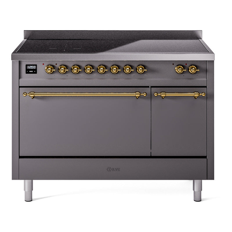 ILVE Nostalgie II 48-Inch Induction Range, Solid Door Oven, Matte Graphite with Brass Trim (UPI486QNMPMGG)