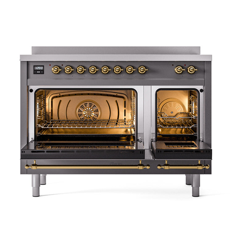 ILVE Nostalgie II 48-Inch Induction Range, Solid Door Oven, Matte Graphite with Brass Trim (UPI486QNMPMGG)
