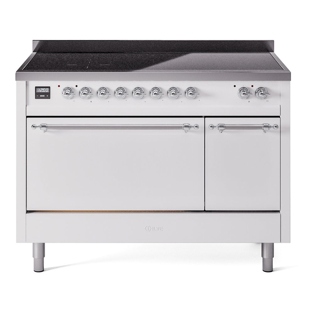 ILVE Nostalgie II 48-Inch Induction Range, Solid Door Oven, White with Chrome Trim (UPI486QNMPWHC)