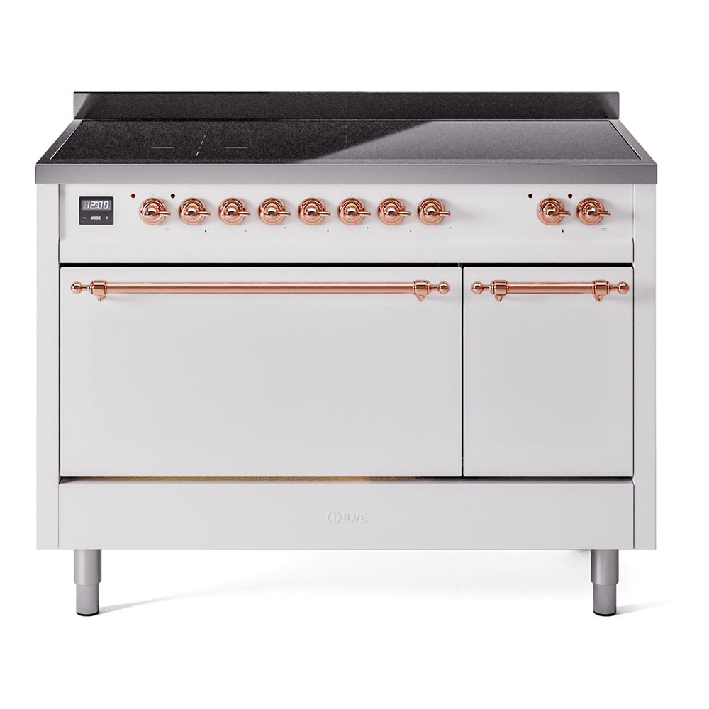 ILVE Nostalgie II 48-Inch Induction Range, Solid Door Oven, White with Copper Trim (UPI486QNMPWHP)