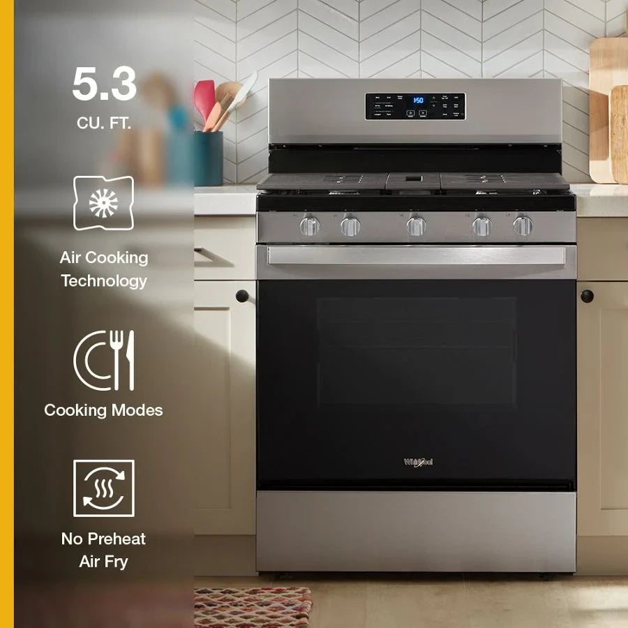Whirlpool WFGS4530SW 30-inch Gas Range with Air Cooking Technology and Steam Clean White