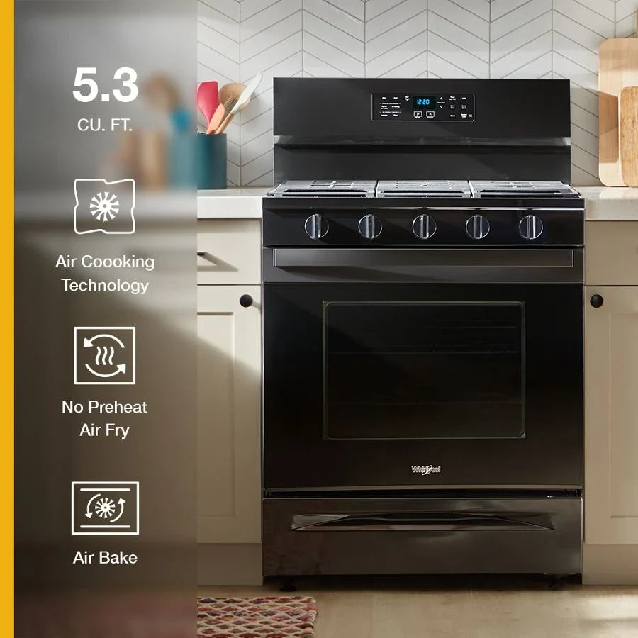 Whirlpool WFGS5030RB 30-inch Gas Range with Air Cooking Technology, No Preheat Air Fry and Air Baking and Self Clean Black