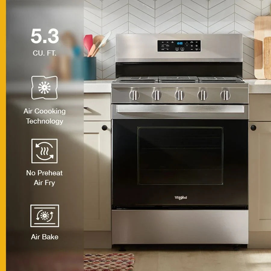 Whirlpool WFGS5030RS 30-inch Gas Range with Air Cooking Technology, No Preheat Air Fry and Air Baking and Self Clean Stainless Steel