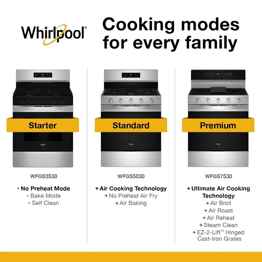 Whirlpool WFGS5030RS 30-inch Gas Range with Air Cooking Technology, No Preheat Air Fry and Air Baking and Self Clean Stainless Steel