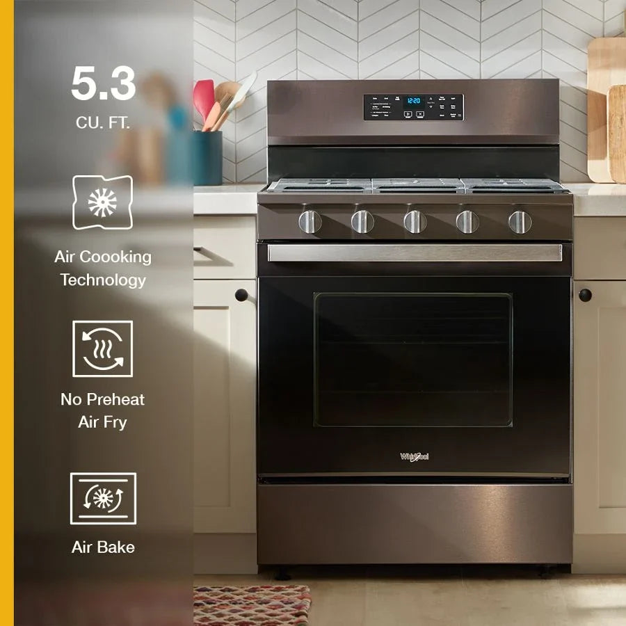 Whirlpool WFGS5030RV 30-inch Gas Range with Air Cooking Technology, No Preheat Air Fry and Air Baking and Self Clean Black Stainless