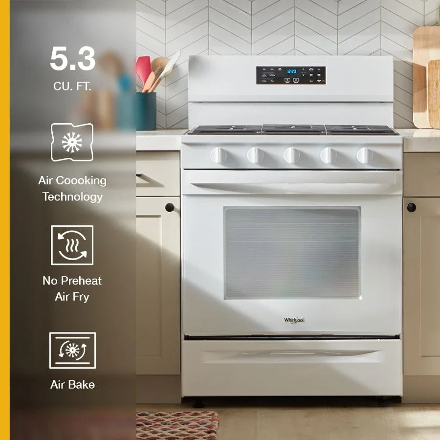 Whirlpool WFGS5030RW 30-inch Gas Range with Air Cooking Technology, No Preheat Air Fry and Air Baking and Self Clean White