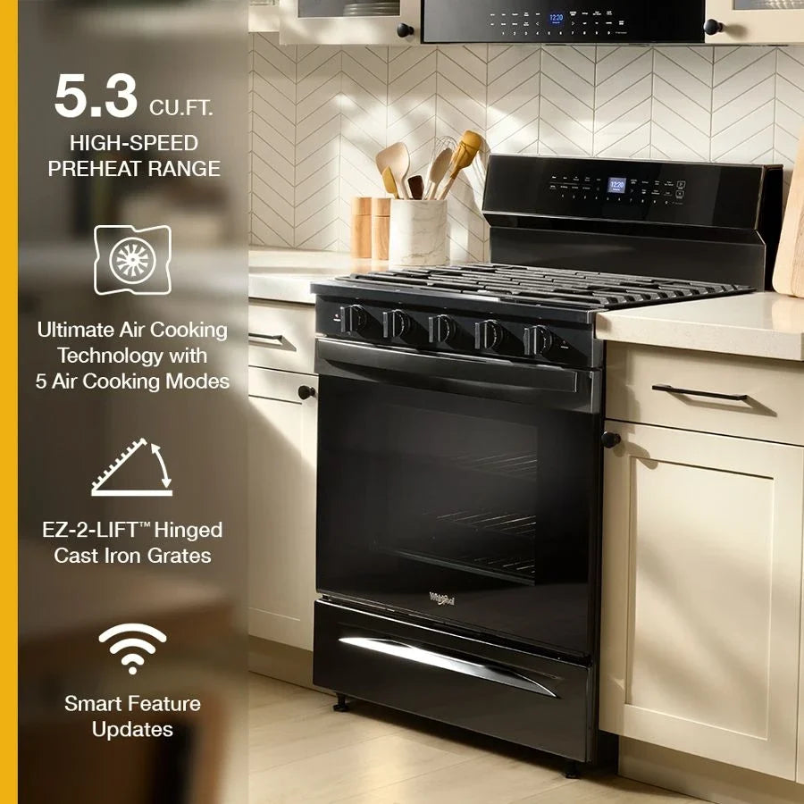 Whirlpool WFGS7530RB 30-inch Smart Gas Range with Air Cooking Technology, No Preheat Air Fry, Steam/Self Clean and High Speed Preheat Black