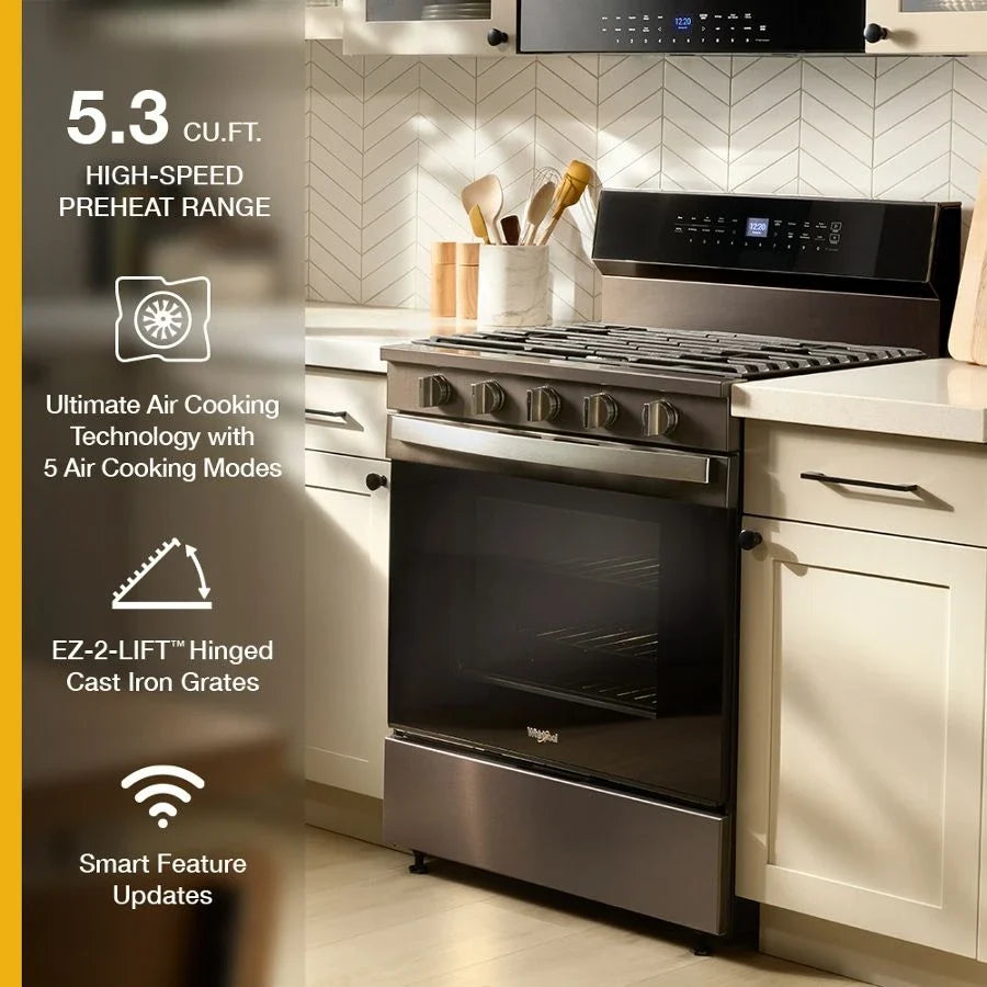 Whirlpool WFGS7530RV 30-inch Smart Gas Range with Air Cooking Technology, No Preheat Air Fry, Steam/Self Clean and High Speed Preheat Black Stainless