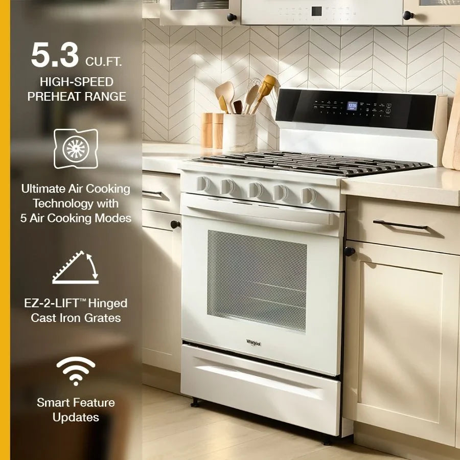Whirlpool WFGS7530RW 30-inch Smart Gas Range with Air Cooking Technology, No Preheat Air Fry, Steam/Self Clean and High Speed Preheat White