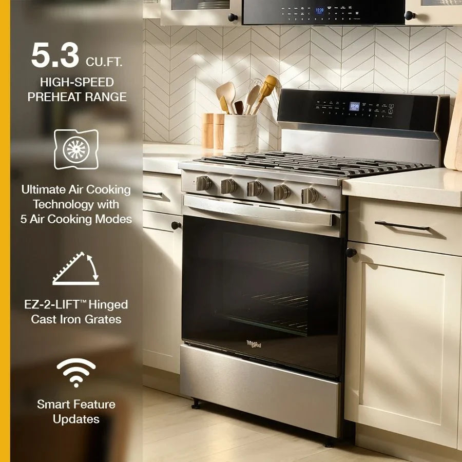 Whirlpool WFGS7530RZ 30-inch Smart Gas Range with Air Cooking Technology, No Preheat Air Fry, Steam/Self Clean and High Speed Preheat Fingerprint Resistant Stainless Steel