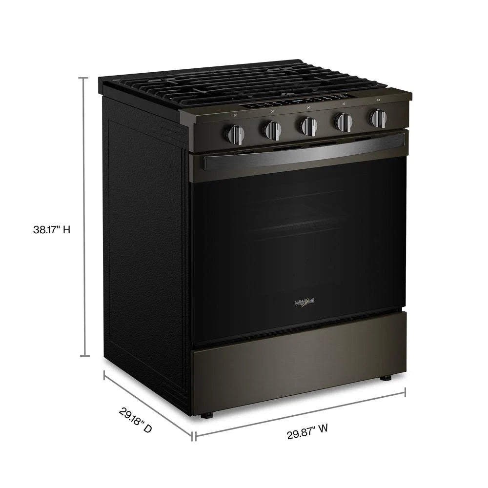 Whirlpool WSGS7530RV 30-inch Smart Slide In Gas Range with Air Cooking Technology, No Preheat Air Fry, Steam/Self Clean and High Speed Preheat Black Stainless
