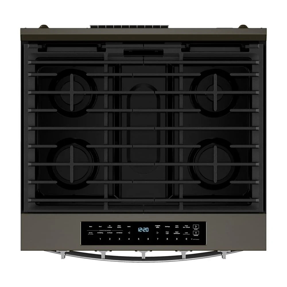 Whirlpool WSGS7530RV 30-inch Smart Slide In Gas Range with Air Cooking Technology, No Preheat Air Fry, Steam/Self Clean and High Speed Preheat Black Stainless