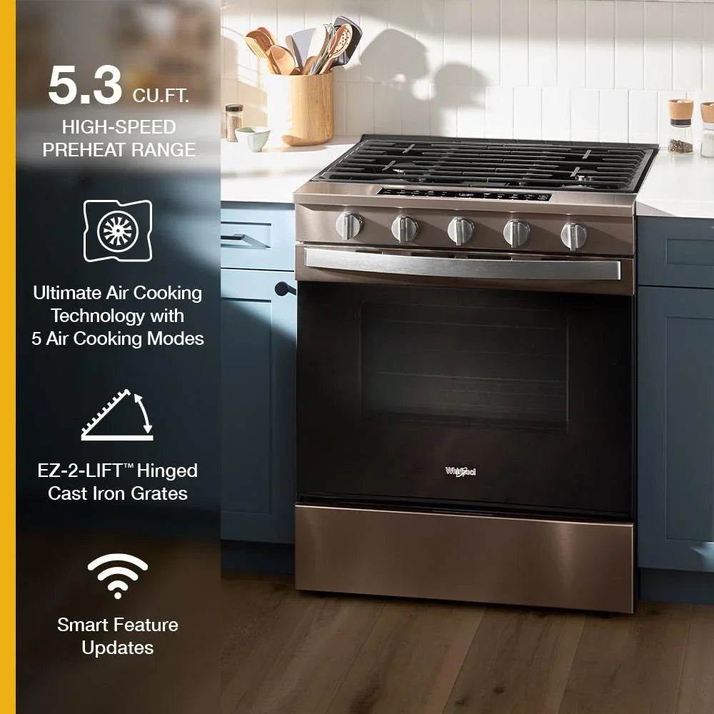 Whirlpool WSGS7530RV 30-inch Smart Slide In Gas Range with Air Cooking Technology, No Preheat Air Fry, Steam/Self Clean and High Speed Preheat Black Stainless