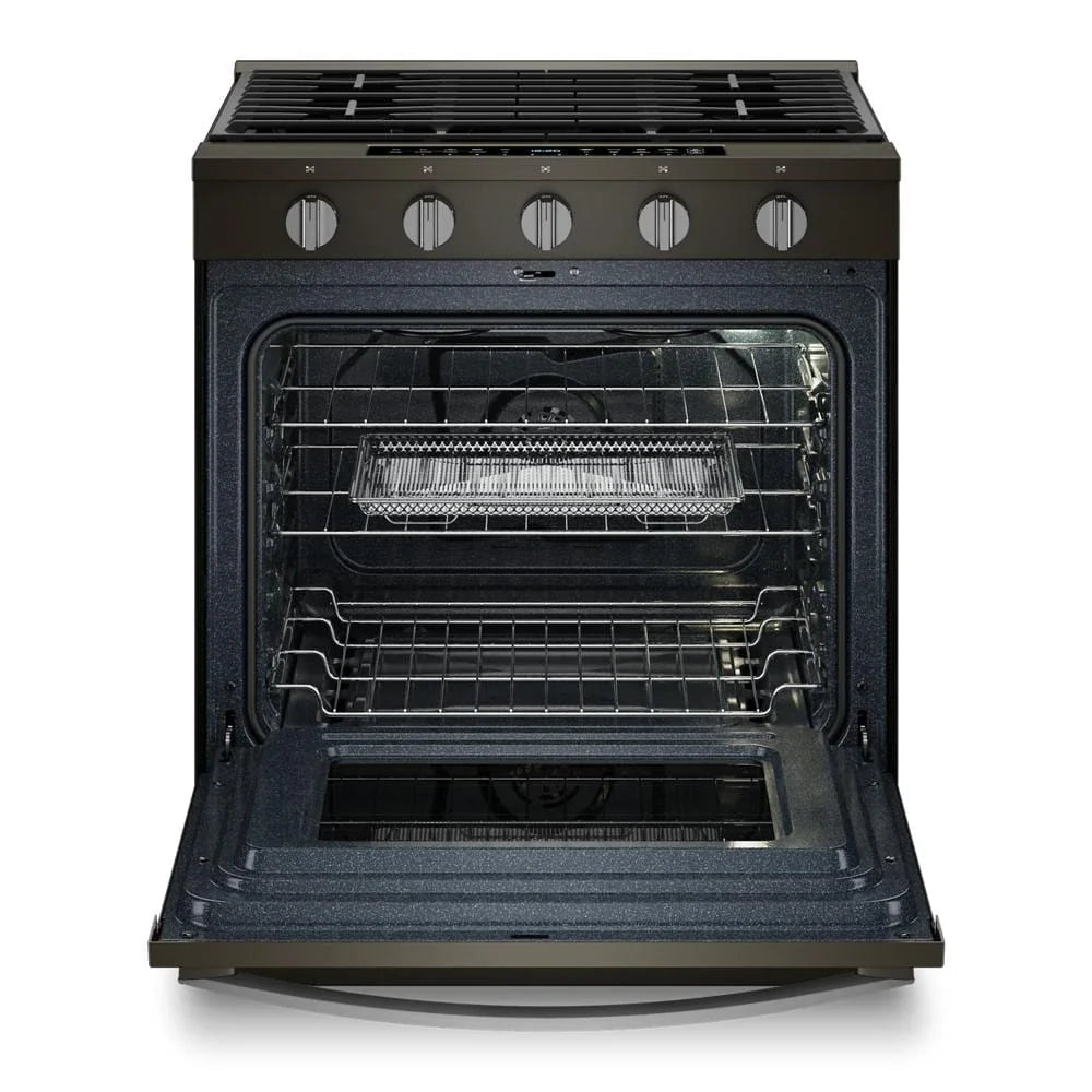 Whirlpool WSGS7530RV 30-inch Smart Slide In Gas Range with Air Cooking Technology, No Preheat Air Fry, Steam/Self Clean and High Speed Preheat Black Stainless