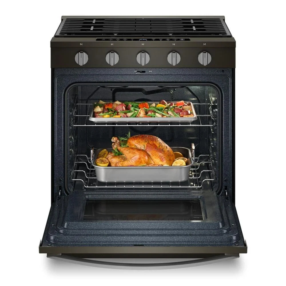 Whirlpool WSGS7530RV 30-inch Smart Slide In Gas Range with Air Cooking Technology, No Preheat Air Fry, Steam/Self Clean and High Speed Preheat Black Stainless