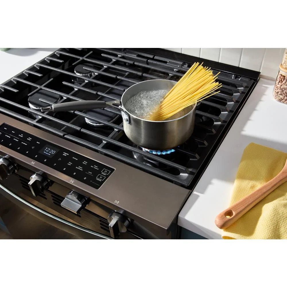 Whirlpool WSGS7530RV 30-inch Smart Slide In Gas Range with Air Cooking Technology, No Preheat Air Fry, Steam/Self Clean and High Speed Preheat Black Stainless