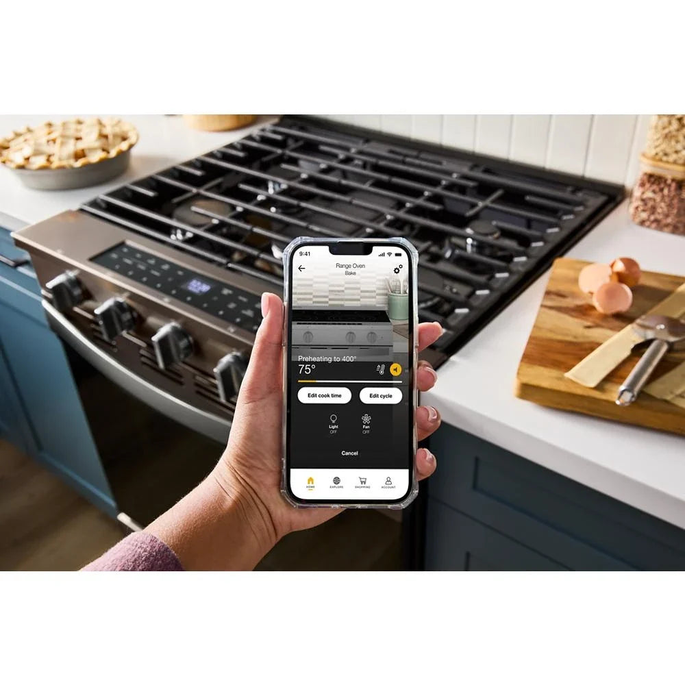 Whirlpool WSGS7530RV 30-inch Smart Slide In Gas Range with Air Cooking Technology, No Preheat Air Fry, Steam/Self Clean and High Speed Preheat Black Stainless