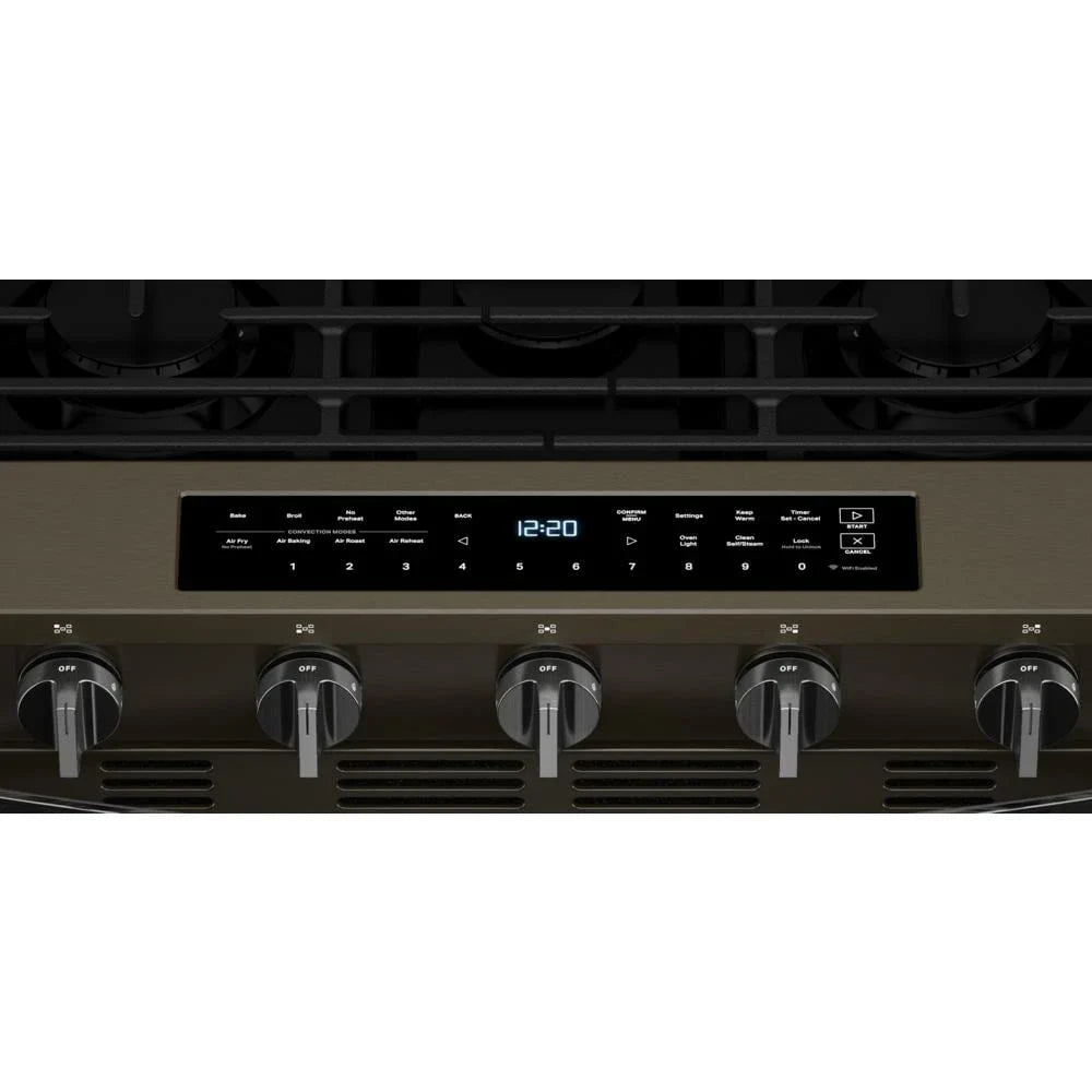 Whirlpool WSGS7530RV 30-inch Smart Slide In Gas Range with Air Cooking Technology, No Preheat Air Fry, Steam/Self Clean and High Speed Preheat Black Stainless