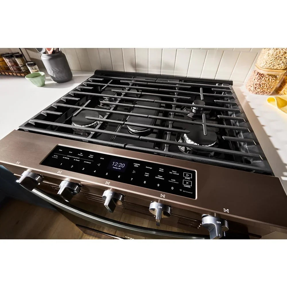 Whirlpool WSGS7530RV 30-inch Smart Slide In Gas Range with Air Cooking Technology, No Preheat Air Fry, Steam/Self Clean and High Speed Preheat Black Stainless
