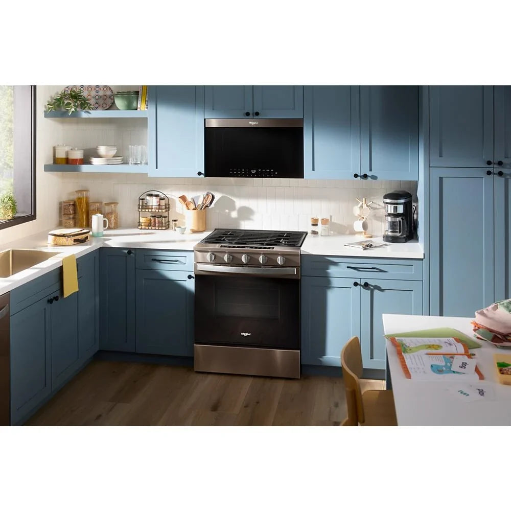 Whirlpool WSGS7530RV 30-inch Smart Slide In Gas Range with Air Cooking Technology, No Preheat Air Fry, Steam/Self Clean and High Speed Preheat Black Stainless