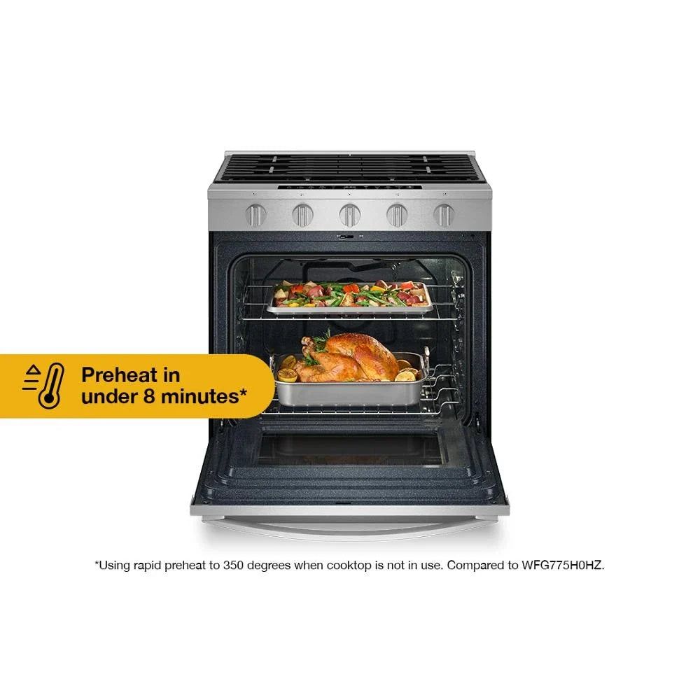 Whirlpool WSGS7530RZ 30-inch Smart Slide In Gas Range with Air Cooking Technology, No Preheat Air Fry, Steam/Self Clean and High Speed Preheat Fingerprint Resistant Stainless Steel