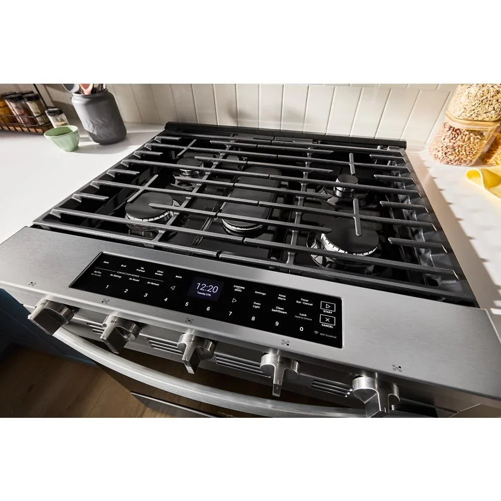 Whirlpool WSGS7530RZ 30-inch Smart Slide In Gas Range with Air Cooking Technology, No Preheat Air Fry, Steam/Self Clean and High Speed Preheat Fingerprint Resistant Stainless Steel