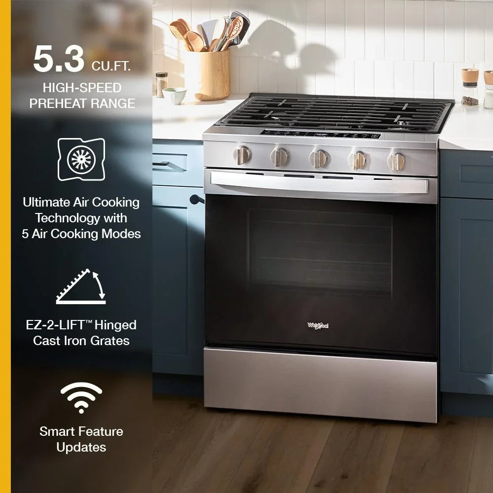 Whirlpool WSGS7530RZ 30-inch Smart Slide In Gas Range with Air Cooking Technology, No Preheat Air Fry, Steam/Self Clean and High Speed Preheat Fingerprint Resistant Stainless Steel