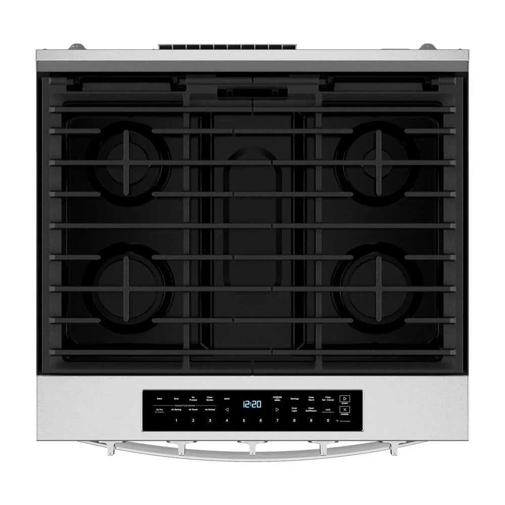 Whirlpool WSGS7530RZ 30-inch Smart Slide In Gas Range with Air Cooking Technology, No Preheat Air Fry, Steam/Self Clean and High Speed Preheat Fingerprint Resistant Stainless Steel