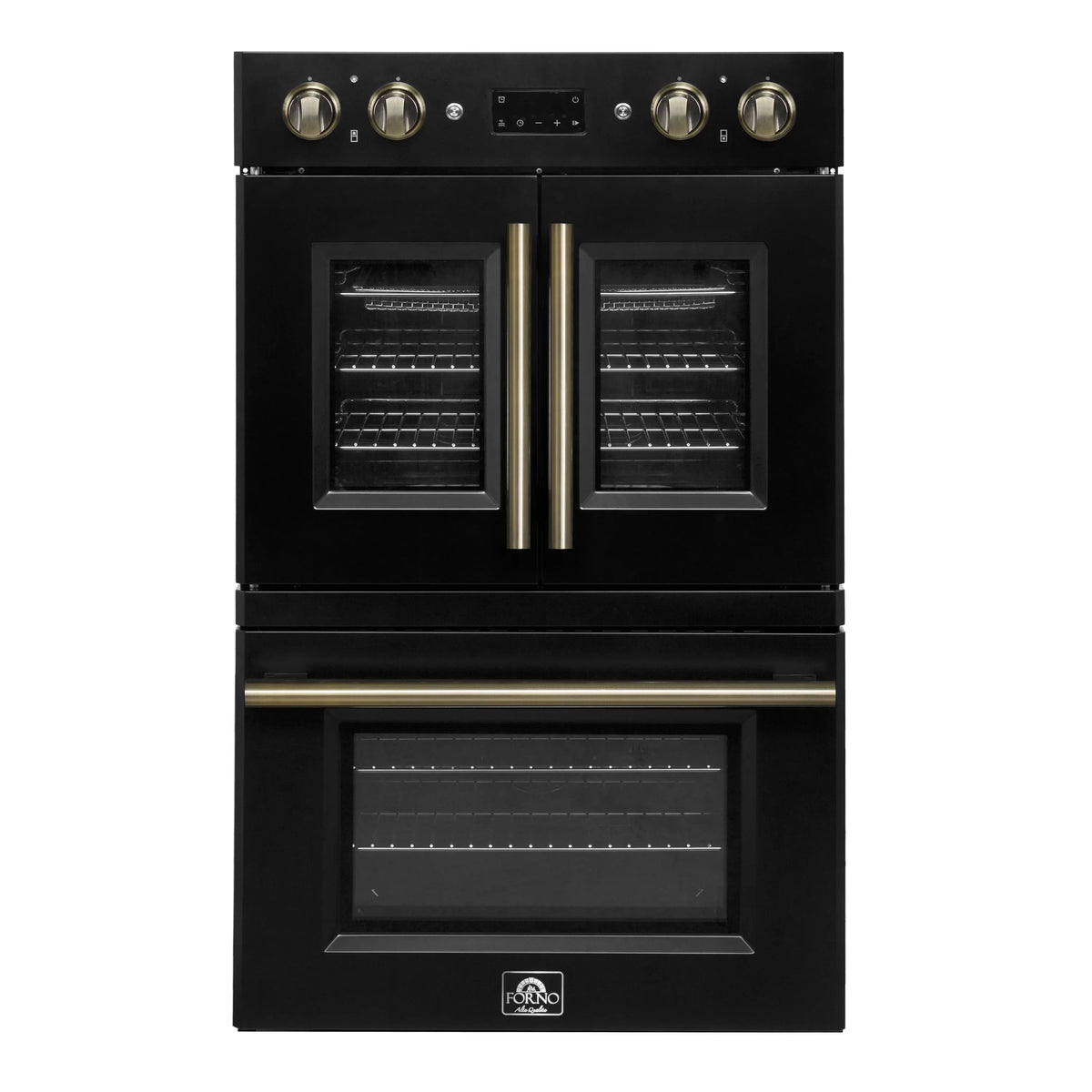 Forno 2-Piece Appliance Package - 30-Inch Asti French Door Double Electric Wall Oven & 30-Inch Microwave Oven in Black with Antique Brass Trim