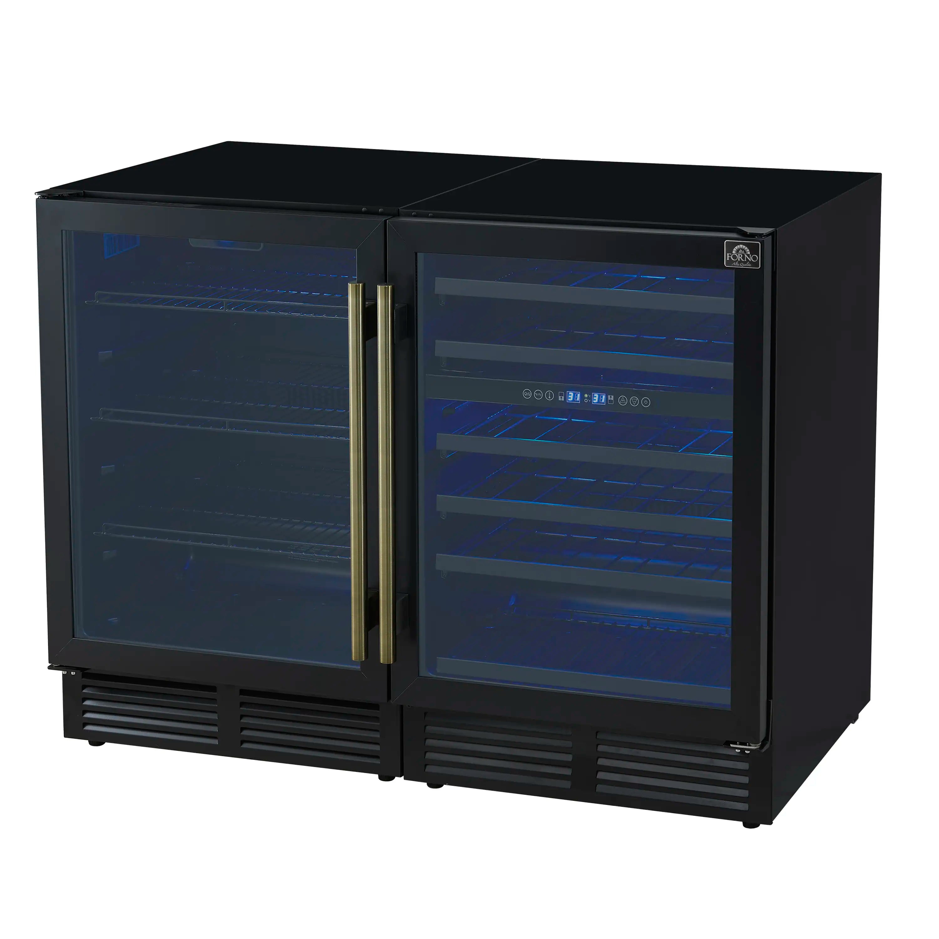 Forno Gemello 48-Inch 9.6 Cu. Ft. Side-by-Side Wine and Beverage Cooler in Black with Antique Brass Handle (FWCDR6699-48BLK)