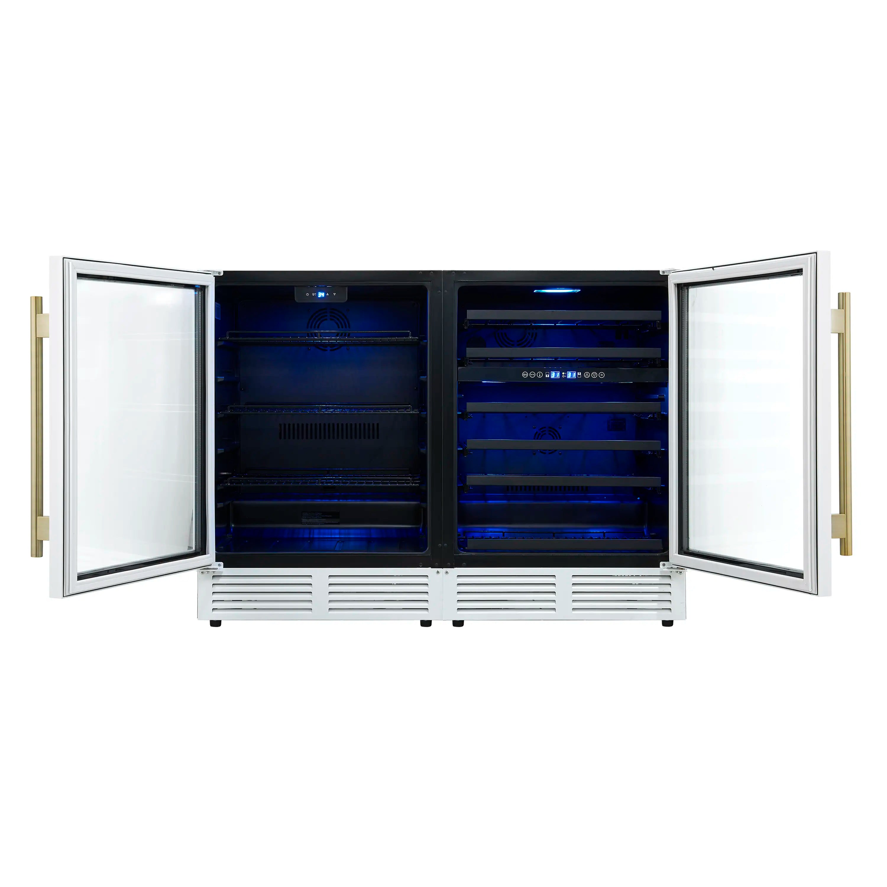 Forno Gemello 48-Inch 9.6 Cu. Ft. Side-by-Side Wine and Beverage Cooler in White with Antique Brass Handle (FWCDR6699-48WHT)