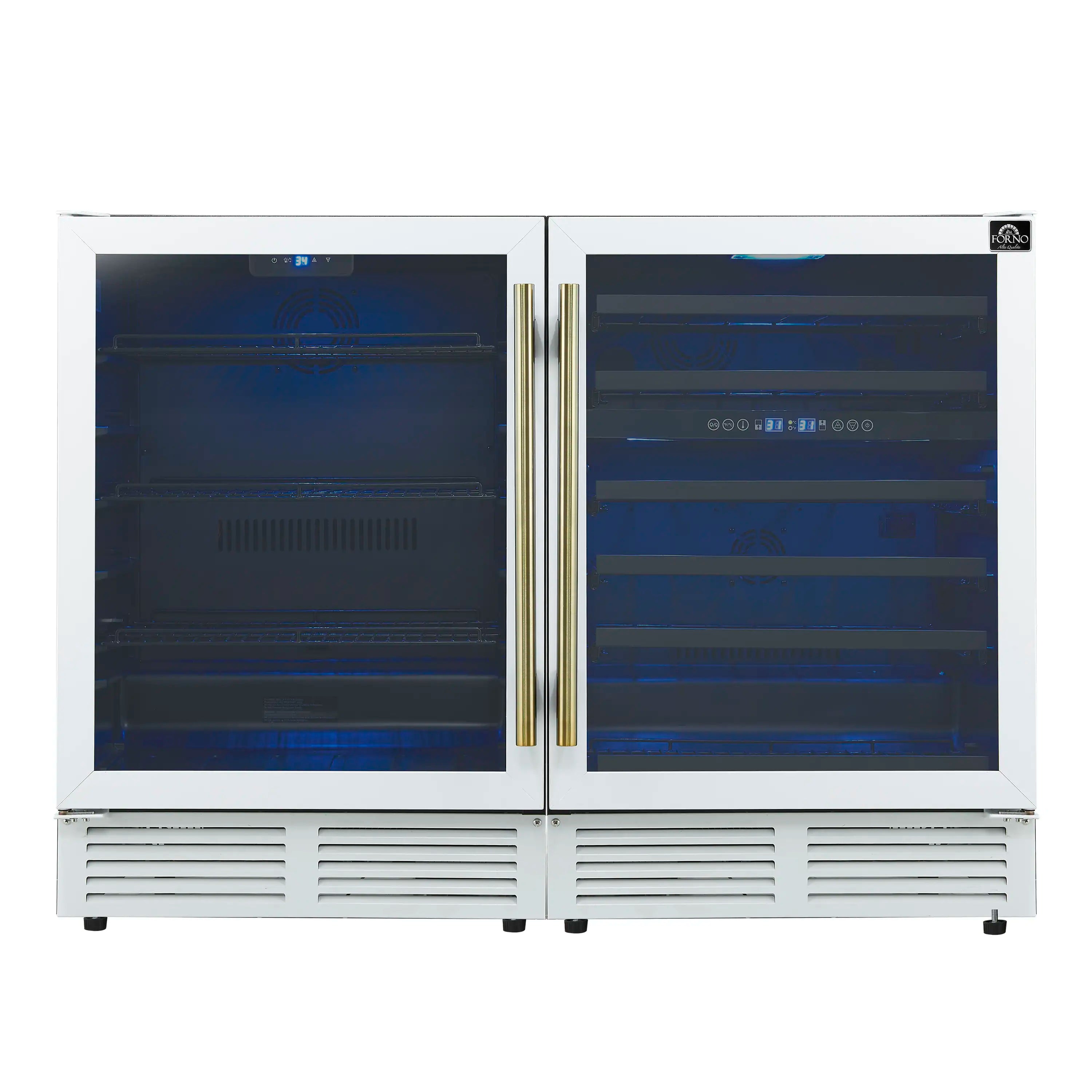Forno Gemello 48-Inch 9.6 Cu. Ft. Side-by-Side Wine and Beverage Cooler in White with Antique Brass Handle (FWCDR6699-48WHT)