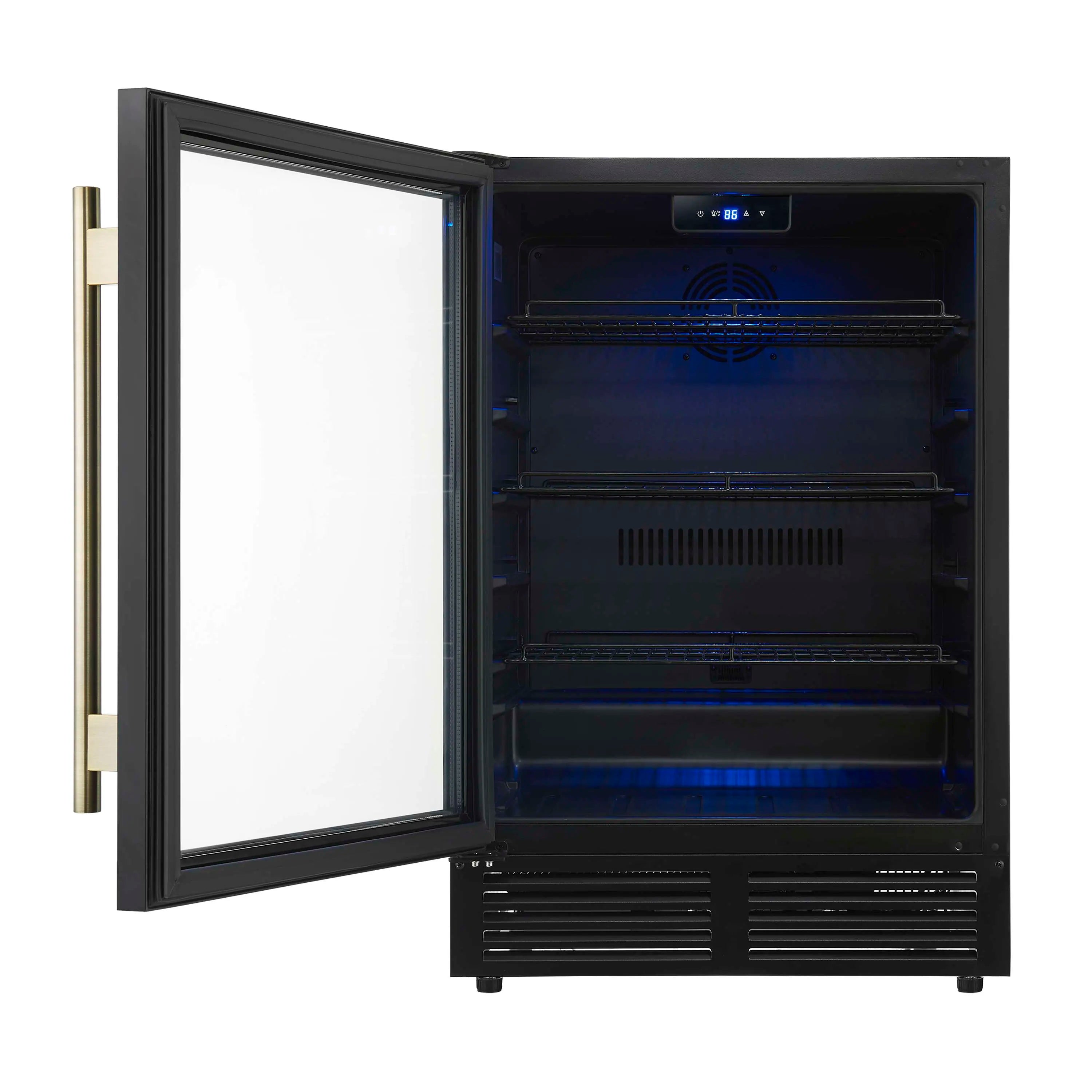 Forno Frescolino 24-Inch Beverage Cooler in Black with Antique Brass Handle, with LED Lighting, Triple Glass Door, 188 Can Capacity, Built-In or Freestanding (FWCDR6665-24BLK)