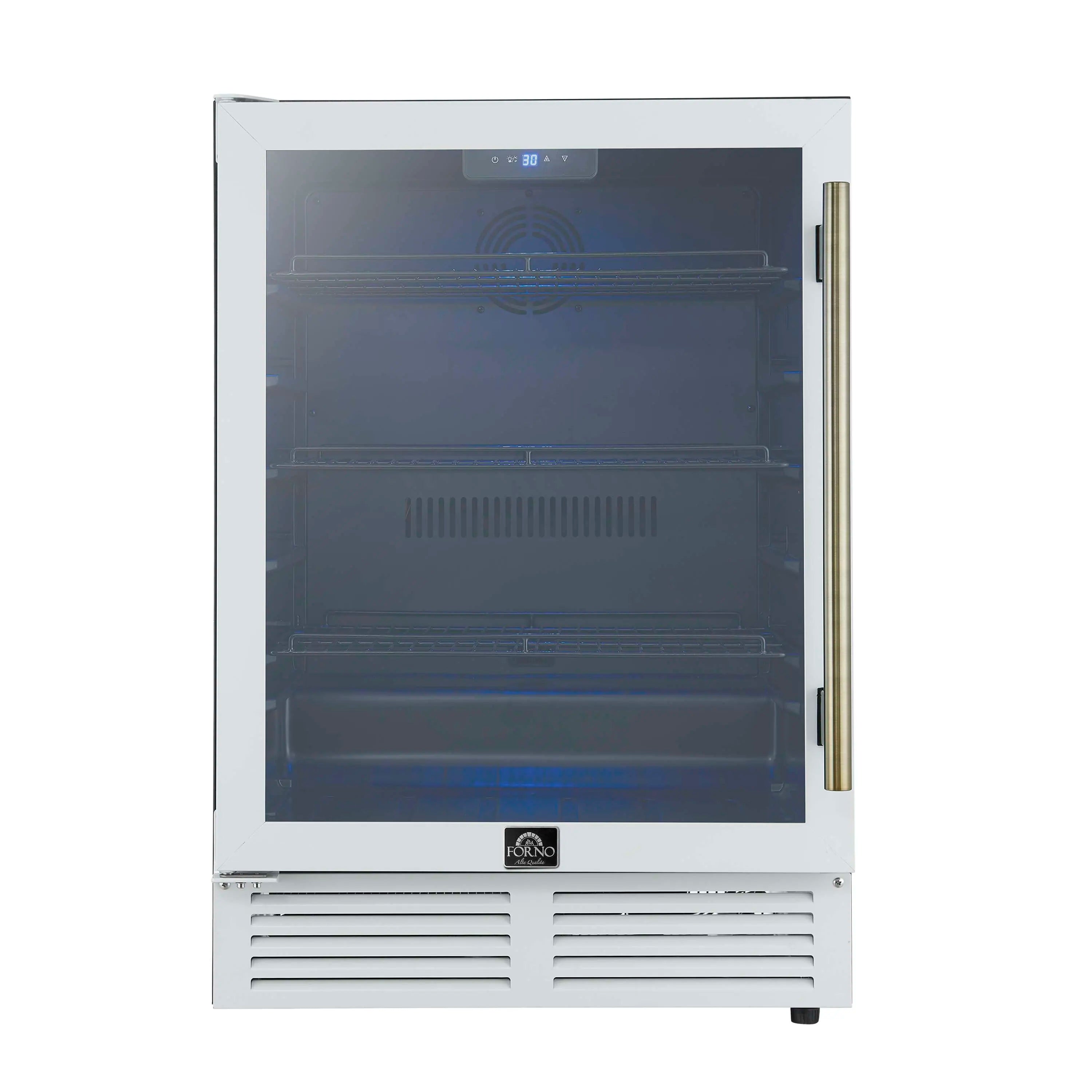Forno Frescolino 24-Inch Beverage Cooler in White with Antique Brass Handle, with LED Lighting, Triple Glass Door, 188 Can Capacity, Built-In or Freestanding (FWCDR6665-24WHT)