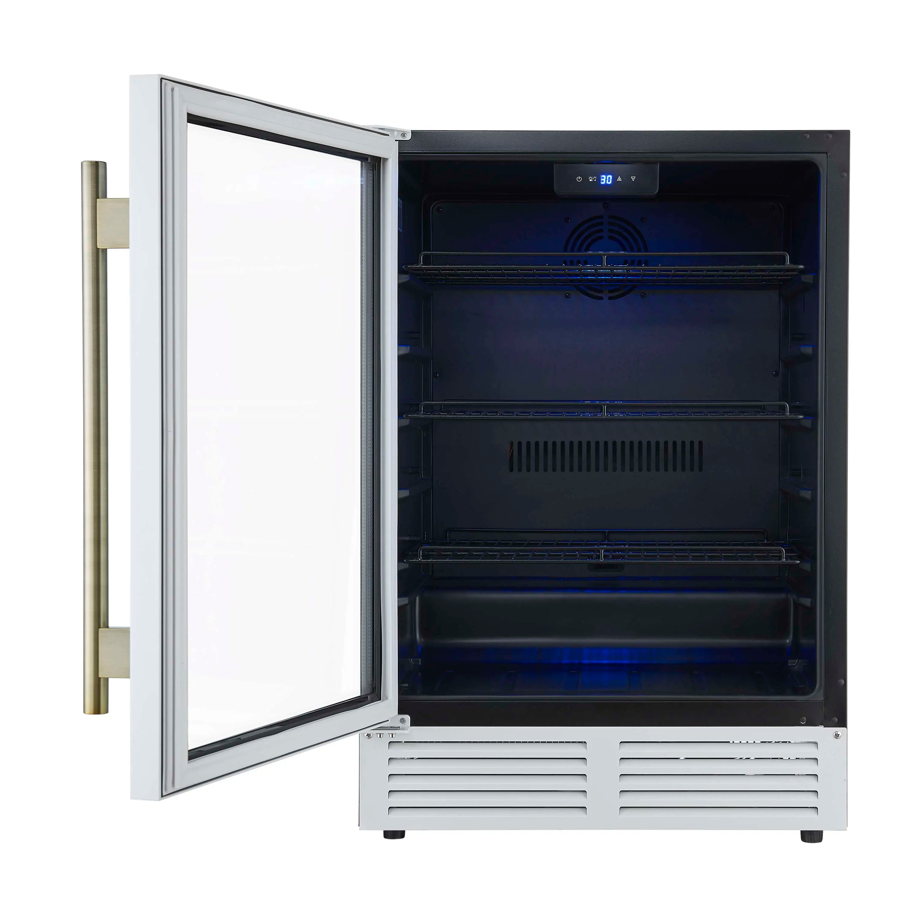 Forno Frescolino 24-Inch Beverage Cooler in White with Antique Brass Handle, with LED Lighting, Triple Glass Door, 188 Can Capacity, Built-In or Freestanding (FWCDR6665-24WHT)