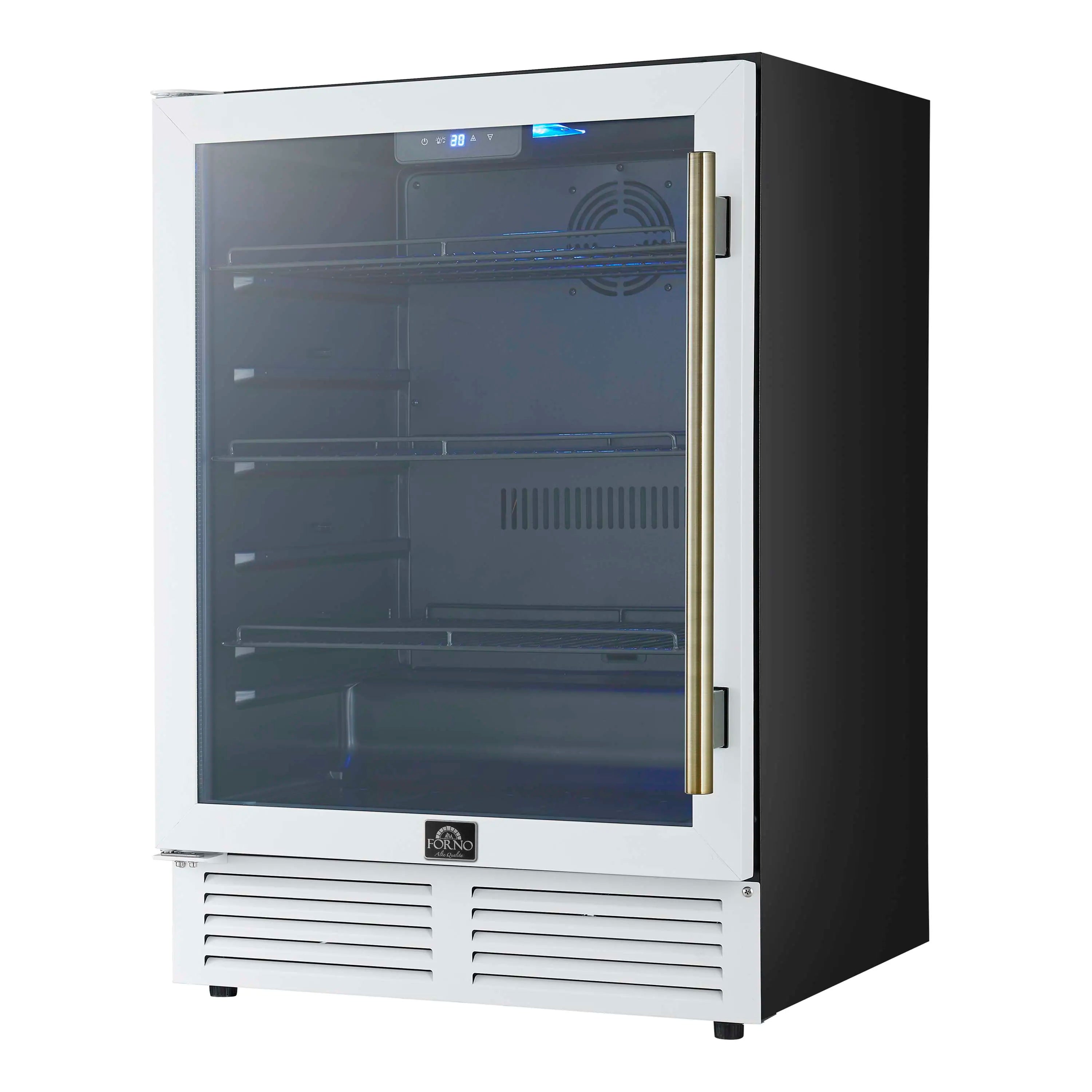 Forno Frescolino 24-Inch Beverage Cooler in White with Antique Brass Handle, with LED Lighting, Triple Glass Door, 188 Can Capacity, Built-In or Freestanding (FWCDR6665-24WHT)