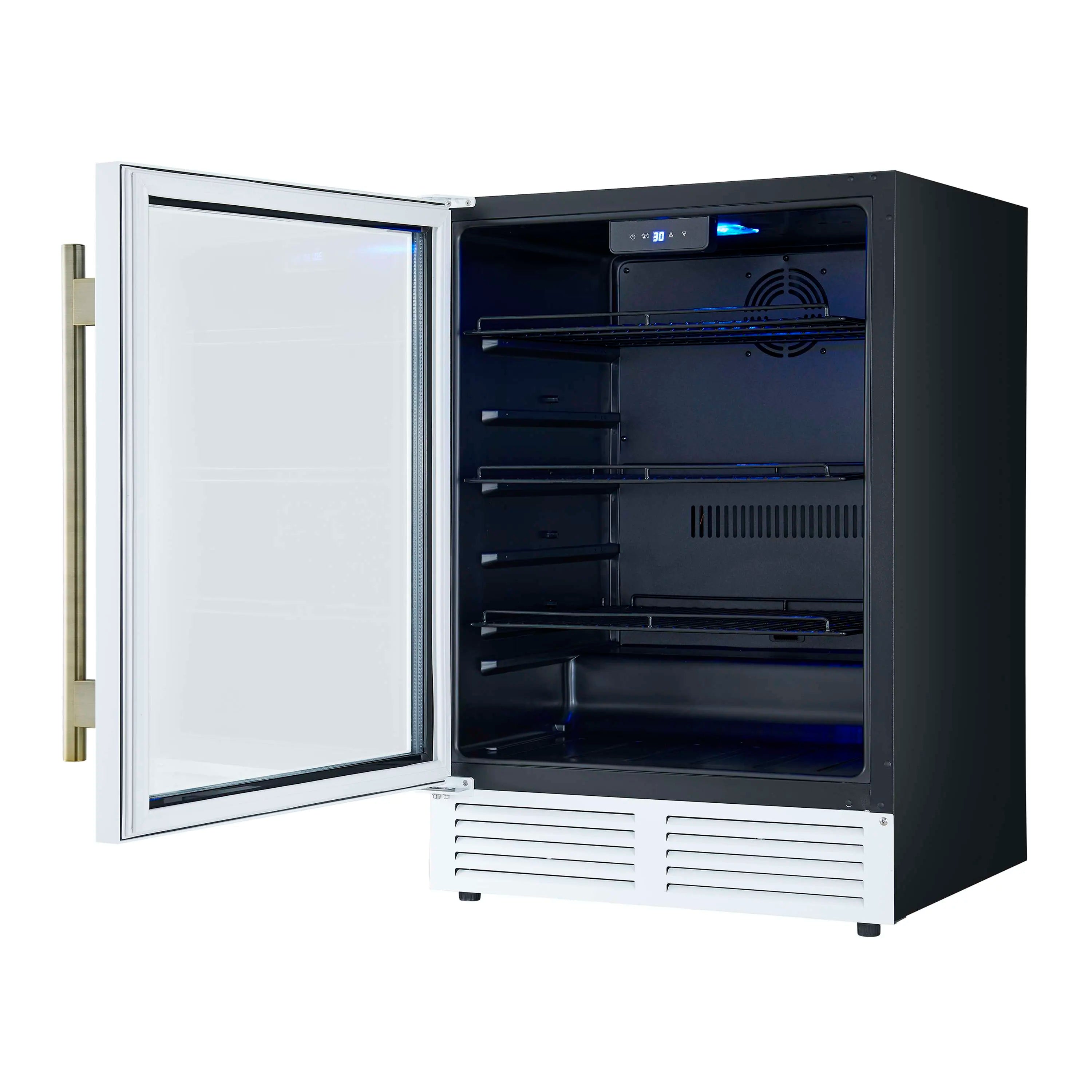 Forno Frescolino 24-Inch Beverage Cooler in White with Antique Brass Handle, with LED Lighting, Triple Glass Door, 188 Can Capacity, Built-In or Freestanding (FWCDR6665-24WHT)