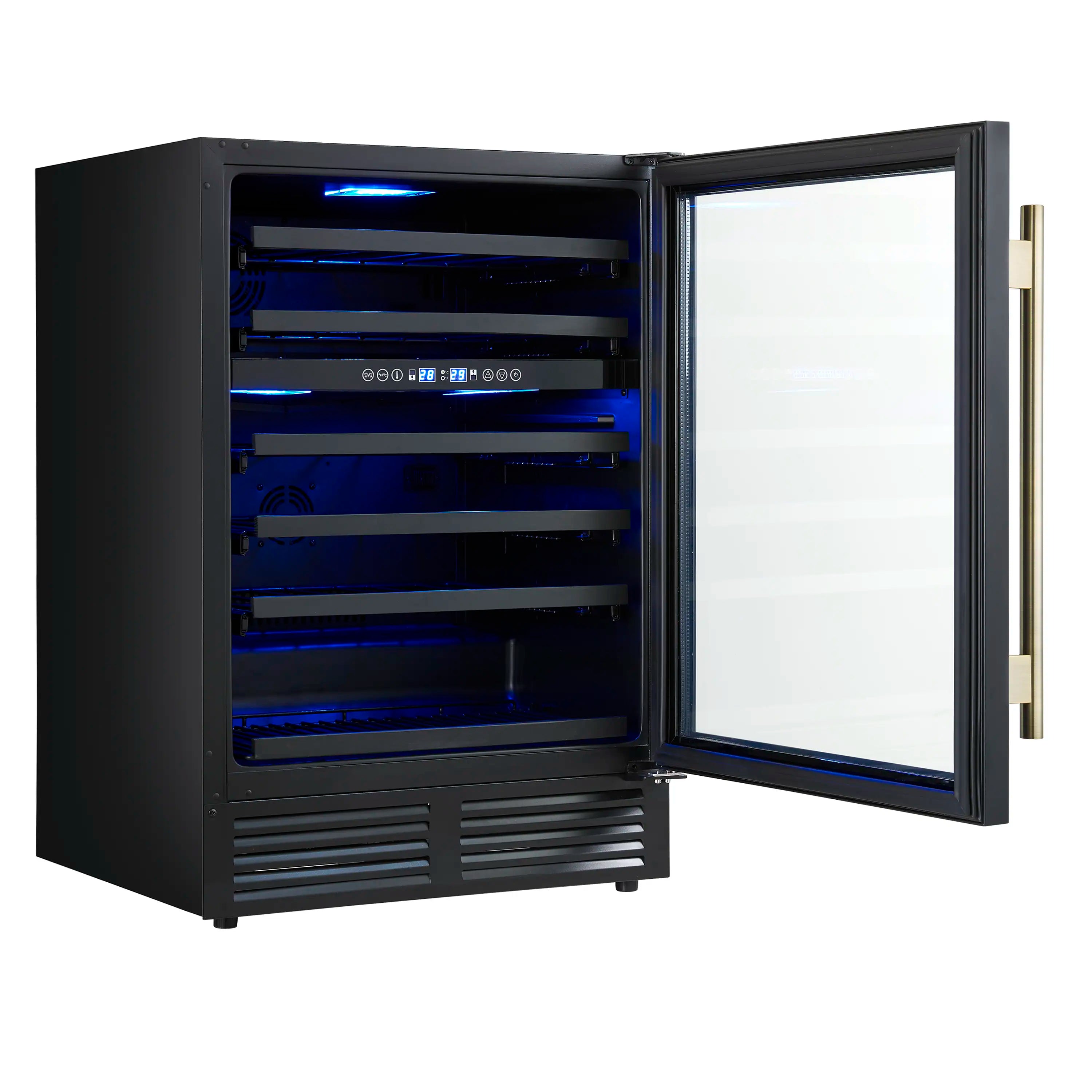 Forno Bachino 24-Inch Wine Cooler in Black with Antique Brass Handle, with LED Lighting, Triple Glass Door, & 51 Bottle Capacity (FWCDR6634-24BLK)