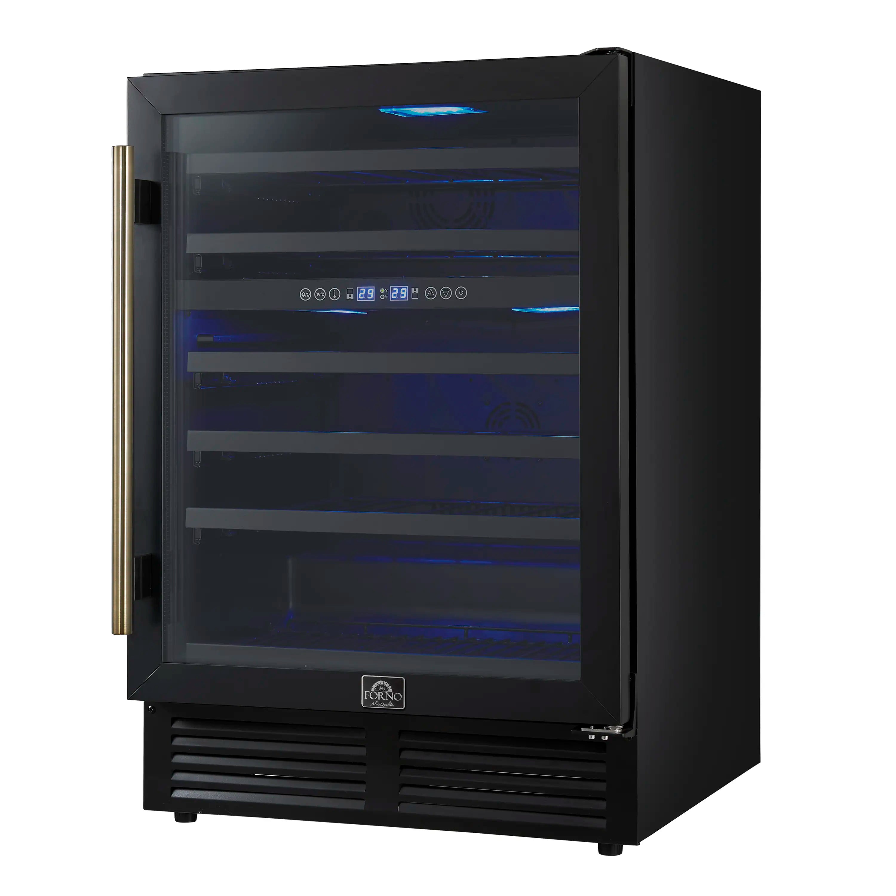 Forno Bachino 24-Inch Wine Cooler in Black with Antique Brass Handle, with LED Lighting, Triple Glass Door, & 51 Bottle Capacity (FWCDR6634-24BLK)