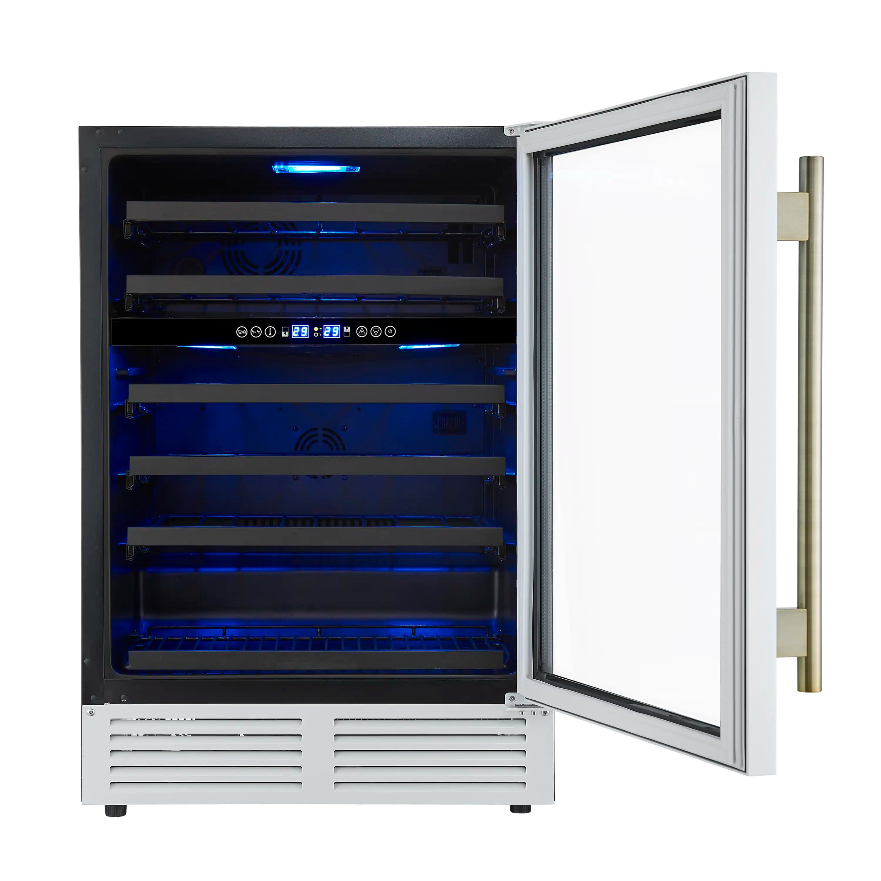 Forno Bachino 24-Inch Wine Cooler in White with Antique Brass Handle, with LED Lighting, Triple Glass Door, & 51 Bottle Capacity (FWCDR6634-24WHT)
