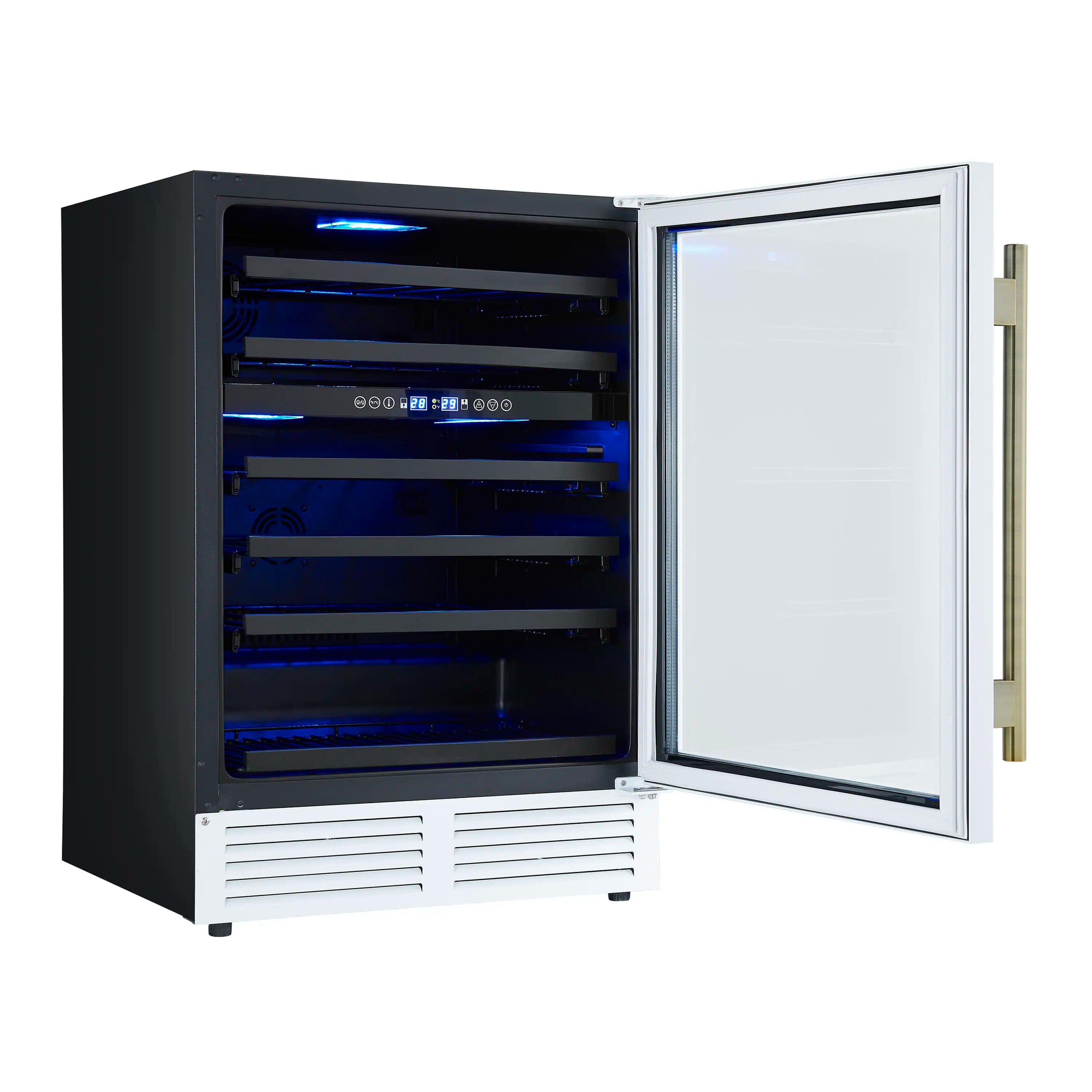 Forno Bachino 24-Inch Wine Cooler in White with Antique Brass Handle, with LED Lighting, Triple Glass Door, & 51 Bottle Capacity (FWCDR6634-24WHT)
