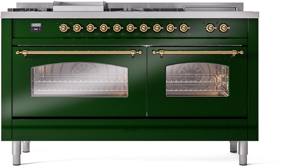 ILVE Nostalgie II 60-Inch Propane Gas Dual Fuel Range with 7 Burners, Griddle, & French Top with Triple Glass Door Oven in Emerald Green with Brass Trim (UP60FSNMPEGGLP)