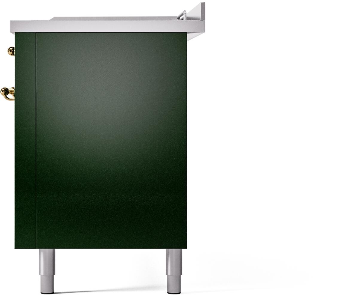 ILVE Nostalgie II 60-Inch Propane Gas Dual Fuel Range with 7 Burners, Griddle, & French Top with Triple Glass Door Oven in Emerald Green with Brass Trim (UP60FSNMPEGGLP)