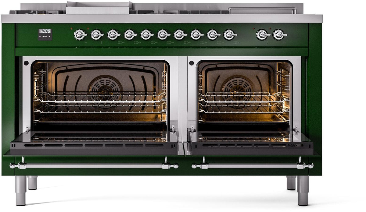 ILVE Nostalgie II 60-Inch Propane Gas Dual Fuel Range with 7 Burners, Griddle, & French Top with Triple Glass Door Oven in Emerald Green with Chrome Trim (UP60FSNMPEGCLP)