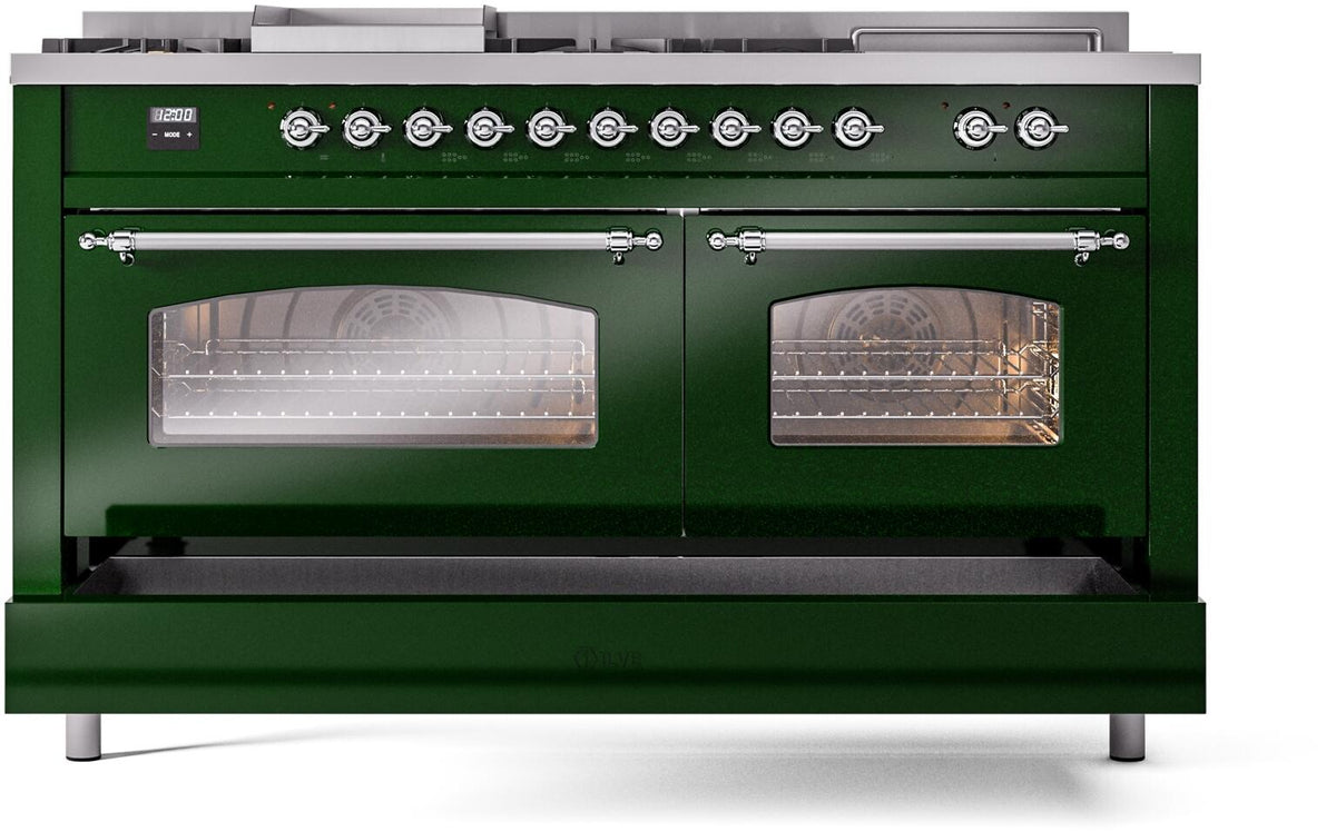 ILVE Nostalgie II 60-Inch Propane Gas Dual Fuel Range with 7 Burners, Griddle, & French Top with Triple Glass Door Oven in Emerald Green with Chrome Trim (UP60FSNMPEGCLP)